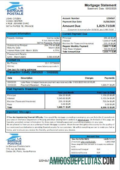 França La Banque Postale Bank Extrato de hipoteca Scr exemplo